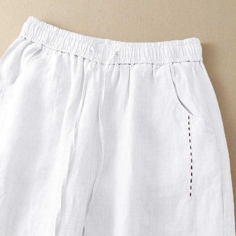 Buddha Stones Sommer-Hose mit weitem Bein, einfarbig, Stickerei, Kordelzug, Baumwolle und Leinen für Damen mit Taschen - image 17