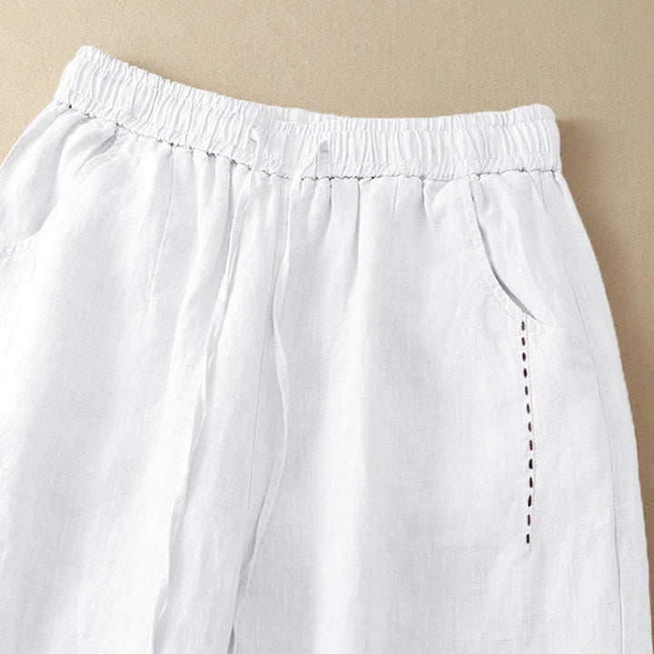 Buddha Stones Sommer-Hose mit weitem Bein, einfarbig, Stickerei, Kordelzug, Baumwolle und Leinen für Damen mit Taschen - image 17