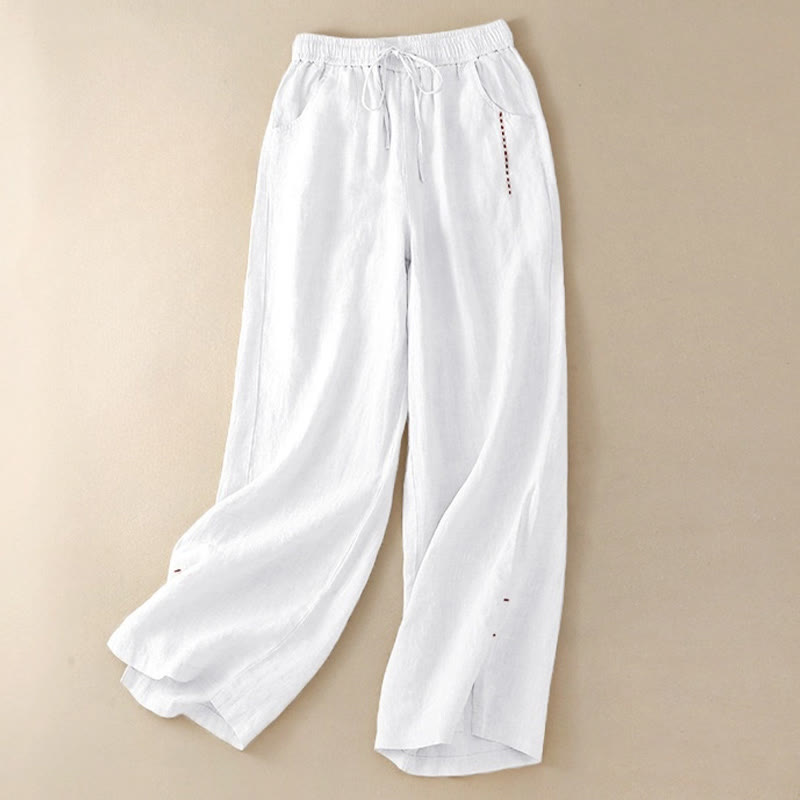 Buddha Stones Sommer-Hose mit weitem Bein, einfarbig, Stickerei, Kordelzug, Baumwolle und Leinen für Damen mit Taschen - image 15