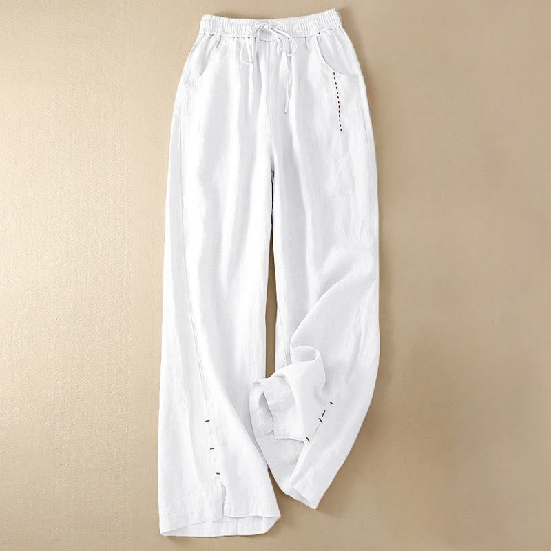 Buddha Stones Sommer-Hose mit weitem Bein, einfarbig, Stickerei, Kordelzug, Baumwolle und Leinen für Damen mit Taschen - Weiß - US12, UK/AU16, EU44 (3XL) - image 14
