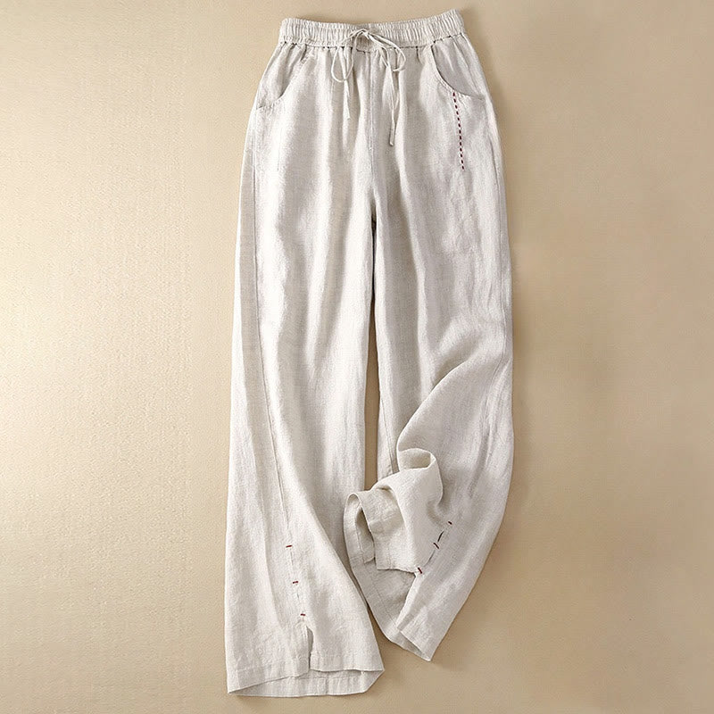 Buddha Stones Sommer-Hose mit weitem Bein, einfarbig, Stickerei, Kordelzug, Baumwolle und Leinen für Damen mit Taschen - Gainsboro - US12, UK/AU16, EU44 (3XL) - image 0
