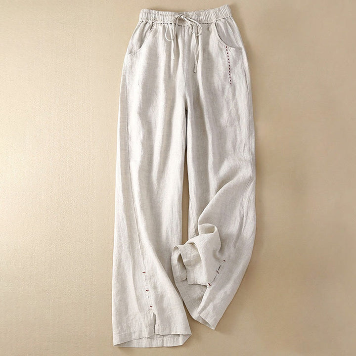 Buddha Stones Sommer-Hose mit weitem Bein, einfarbig, Stickerei, Kordelzug, Baumwolle und Leinen für Damen mit Taschen - Gainsboro - US12, UK/AU16, EU44 (3XL) - image 0