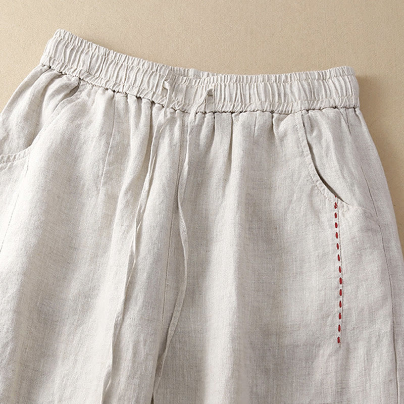 Buddha Stones Sommer-Hose mit weitem Bein, einfarbig, Stickerei, Kordelzug, Baumwolle und Leinen für Damen mit Taschen - image 2