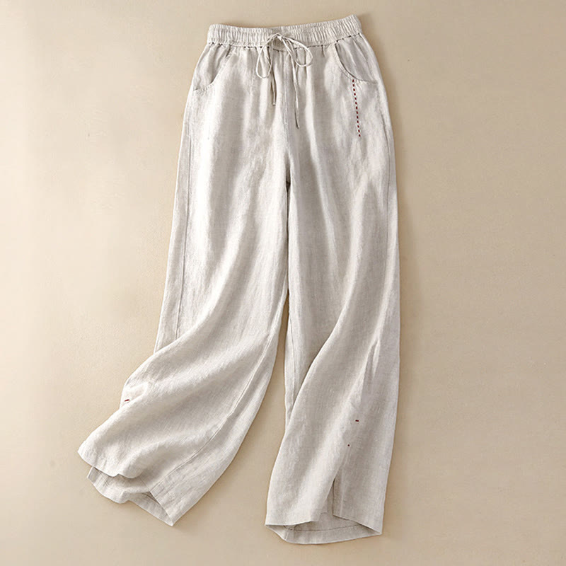 Buddha Stones Sommer-Hose mit weitem Bein, einfarbig, Stickerei, Kordelzug, Baumwolle und Leinen für Damen mit Taschen - image 1