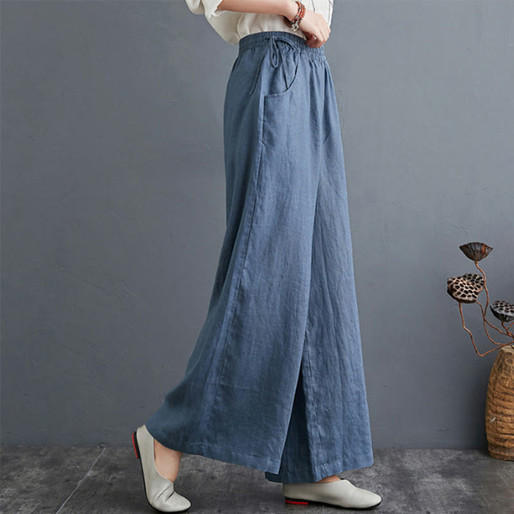 Buddha Stones Pure Simple Design High Waist Baumwollleinen Weite Beinhose für Damen mit Taschen