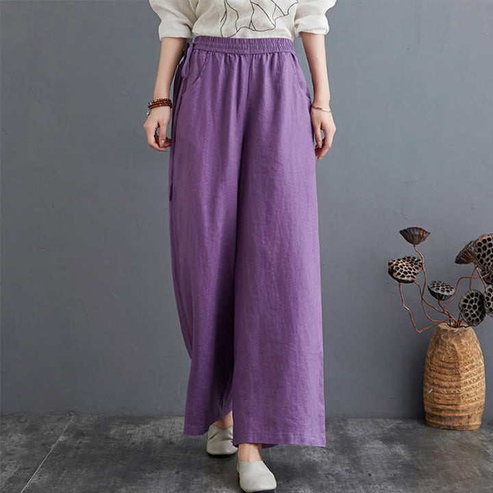 Buddha Stones Pure Simple Design High Waist Baumwollleinen Weite Beinhose für Damen mit Taschen