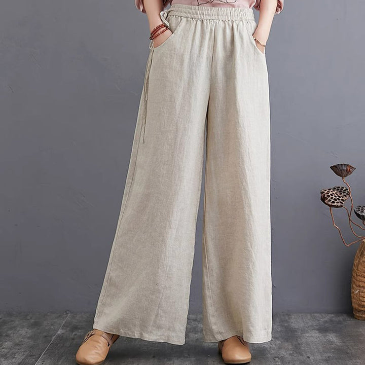 Buddha Stones Pure Simple Design High Waist Baumwollleinen Weite Beinhose für Damen mit Taschen