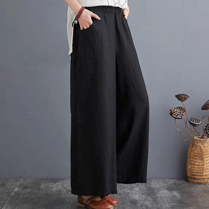 Buddha Stones Pure Simple Design High Waist Baumwollleinen Weite Beinhose für Damen mit Taschen