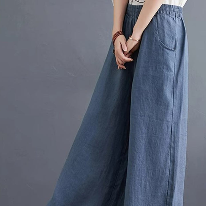 Buddha Stones Pure Simple Design High Waist Baumwollleinen Weite Beinhose für Damen mit Taschen