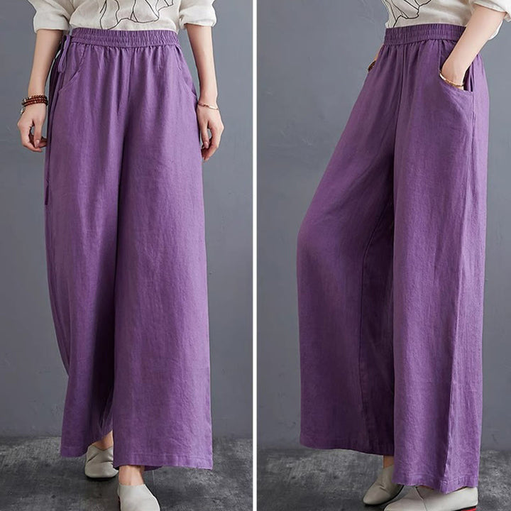 Buddha Stones Pure Simple Design High Waist Baumwollleinen Weite Beinhose für Damen mit Taschen