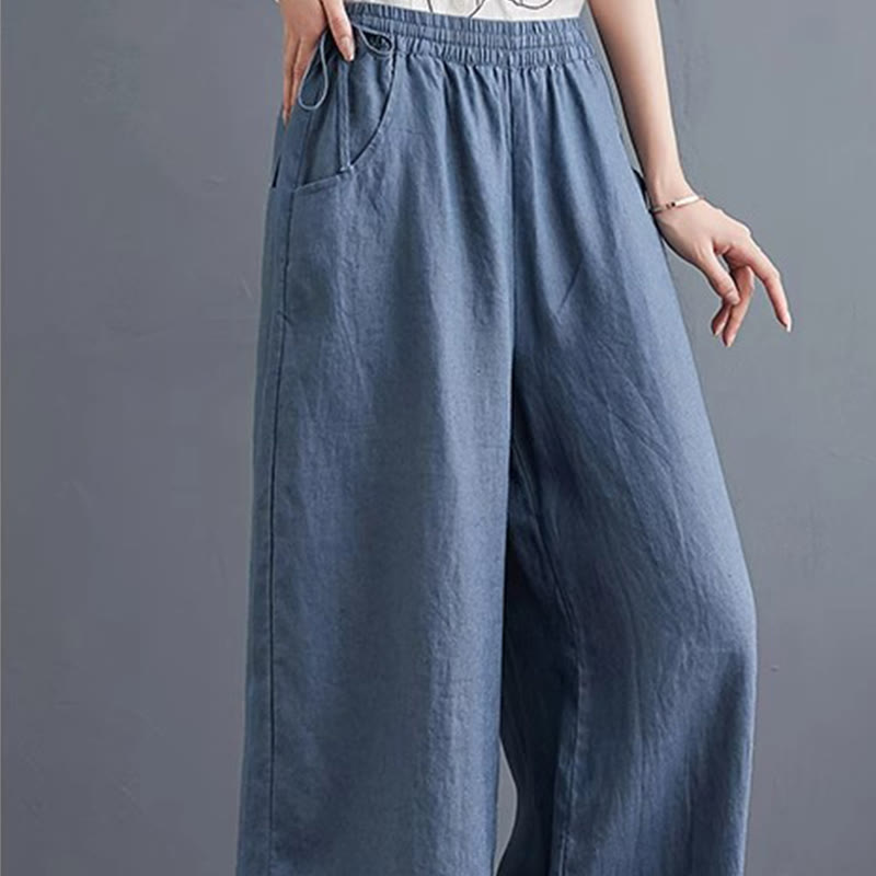 Buddha Stones Pure Simple Design High Waist Baumwollleinen Weite Beinhose für Damen mit Taschen