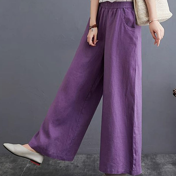 Buddha Stones Pure Simple Design High Waist Baumwollleinen Weite Beinhose für Damen mit Taschen