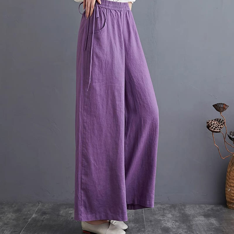 Buddha Stones Pure Simple Design High Waist Baumwollleinen Weite Beinhose für Damen mit Taschen