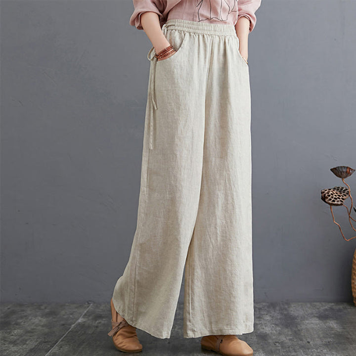 Buddha Stones Pure Simple Design High Waist Baumwollleinen Weite Beinhose für Damen mit Taschen