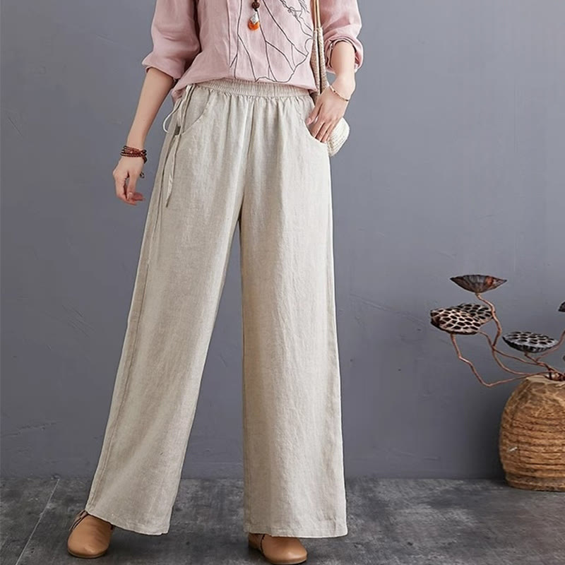 Buddha Stones Pure Simple Design High Waist Baumwollleinen Weite Beinhose für Damen mit Taschen