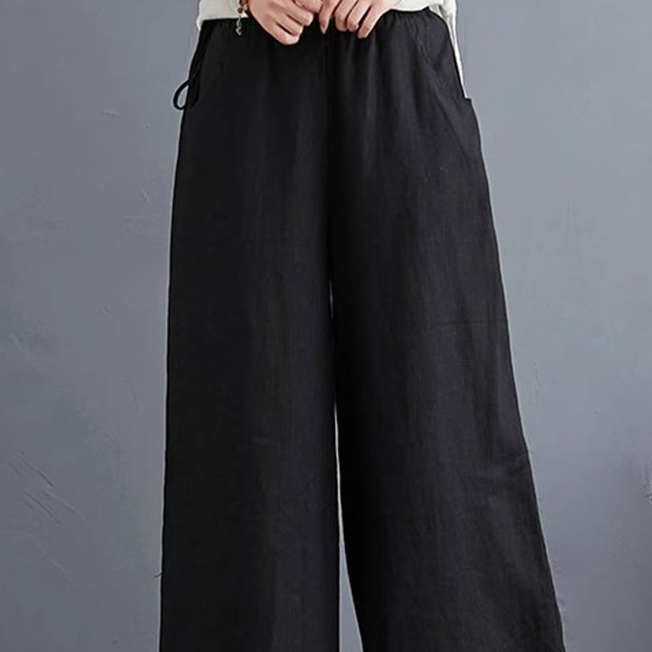 Buddha Stones Pure Simple Design High Waist Baumwollleinen Weite Beinhose für Damen mit Taschen