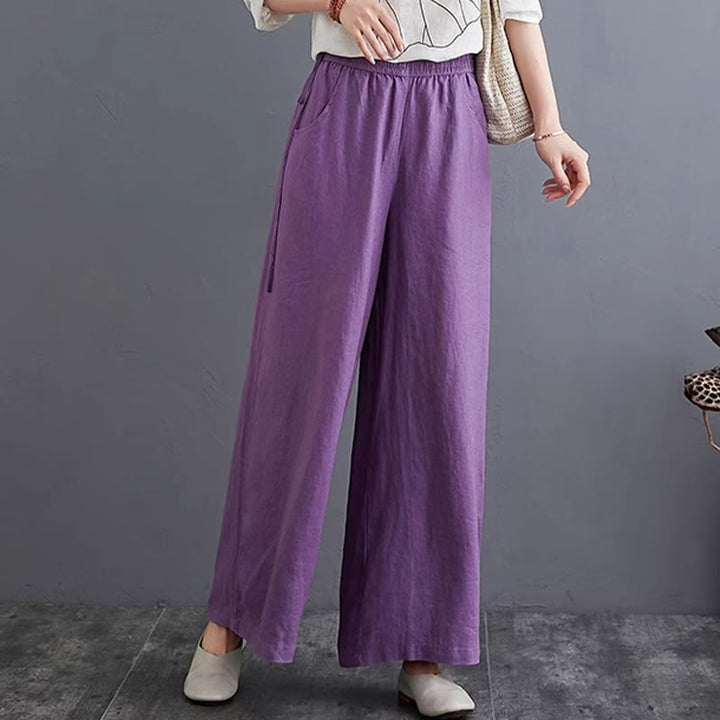 Buddha Stones Pure Simple Design High Waist Baumwollleinen Weite Beinhose für Damen mit Taschen