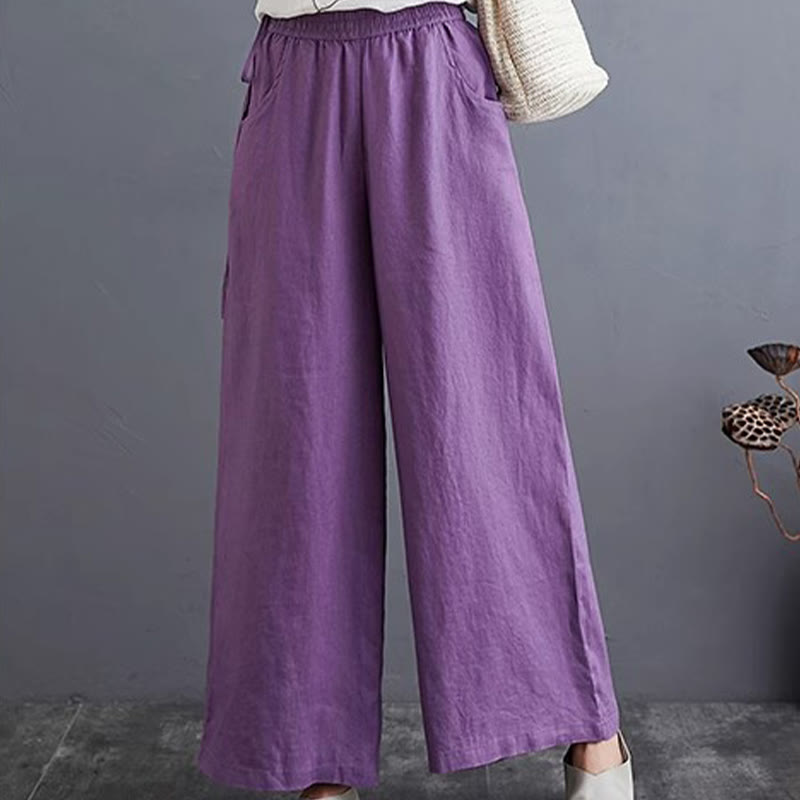Buddha Stones Pure Simple Design High Waist Baumwollleinen Weite Beinhose für Damen mit Taschen
