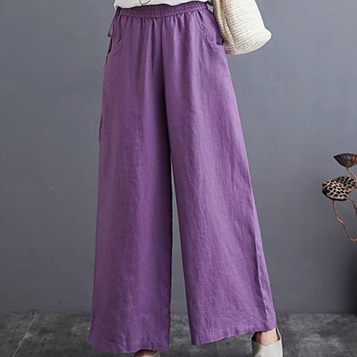 Buddha Stones Pure Simple Design High Waist Baumwollleinen Weite Beinhose für Damen mit Taschen