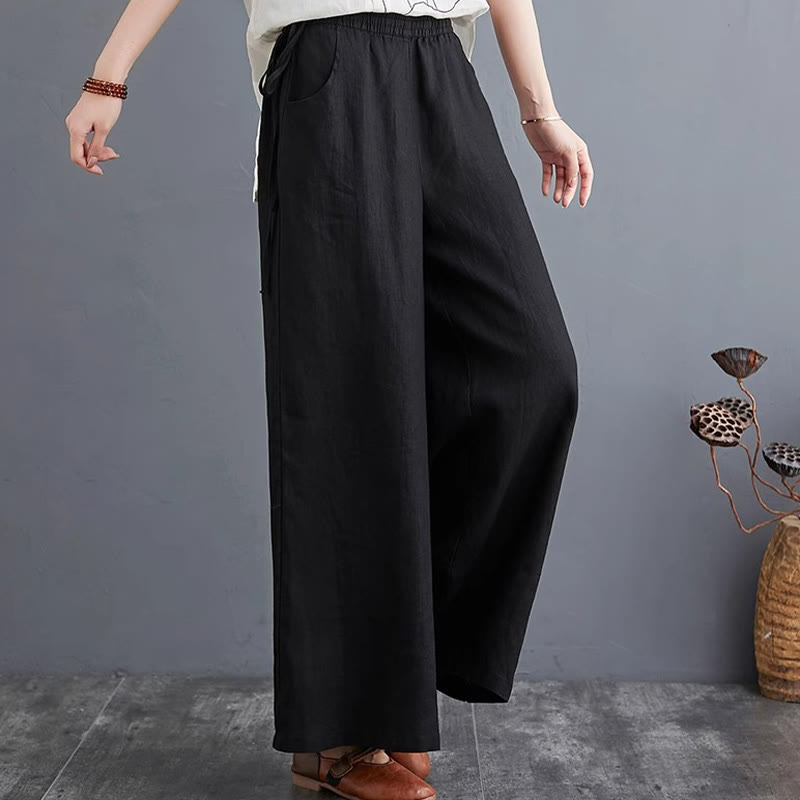 Buddha Stones Pure Simple Design High Waist Baumwollleinen Weite Beinhose für Damen mit Taschen
