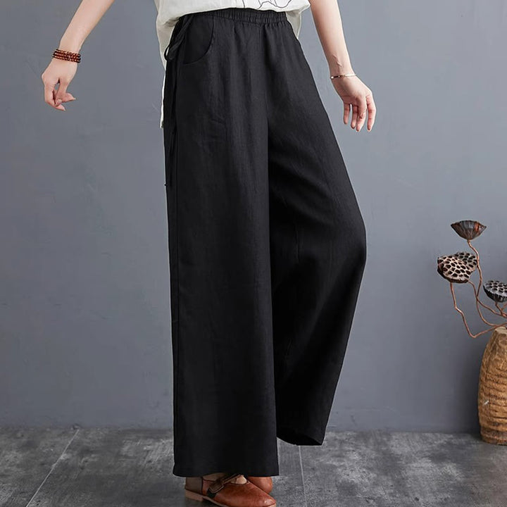Buddha Stones Pure Simple Design High Waist Baumwollleinen Weite Beinhose für Damen mit Taschen