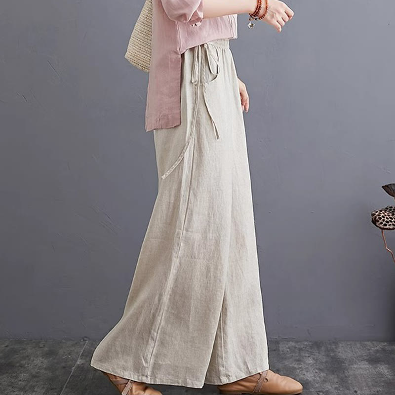 Buddha Stones Pure Simple Design High Waist Baumwollleinen Weite Beinhose für Damen mit Taschen