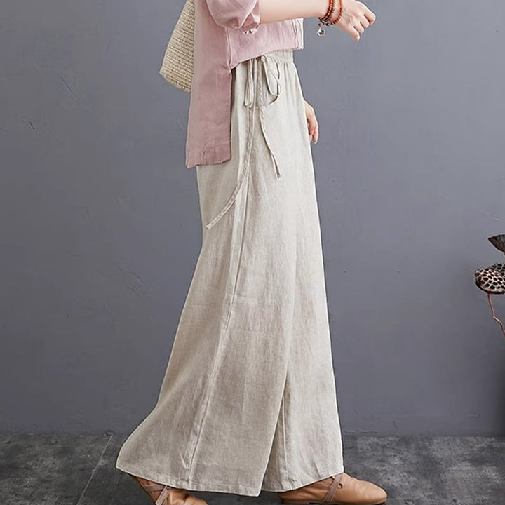 Buddha Stones Pure Simple Design High Waist Baumwollleinen Weite Beinhose für Damen mit Taschen