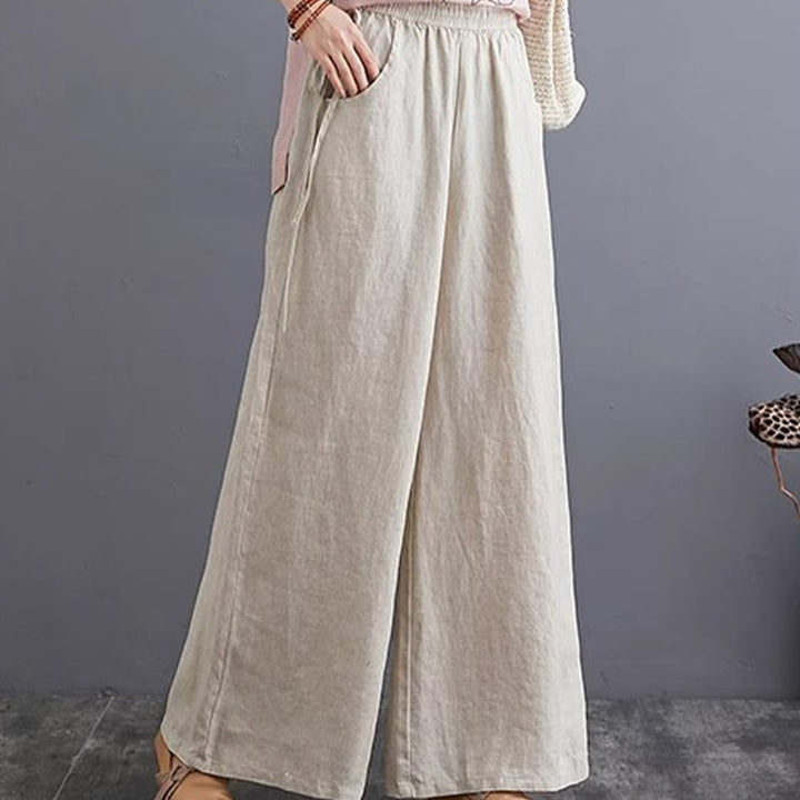 Buddha Stones Pure Simple Design High Waist Baumwollleinen Weite Beinhose für Damen mit Taschen