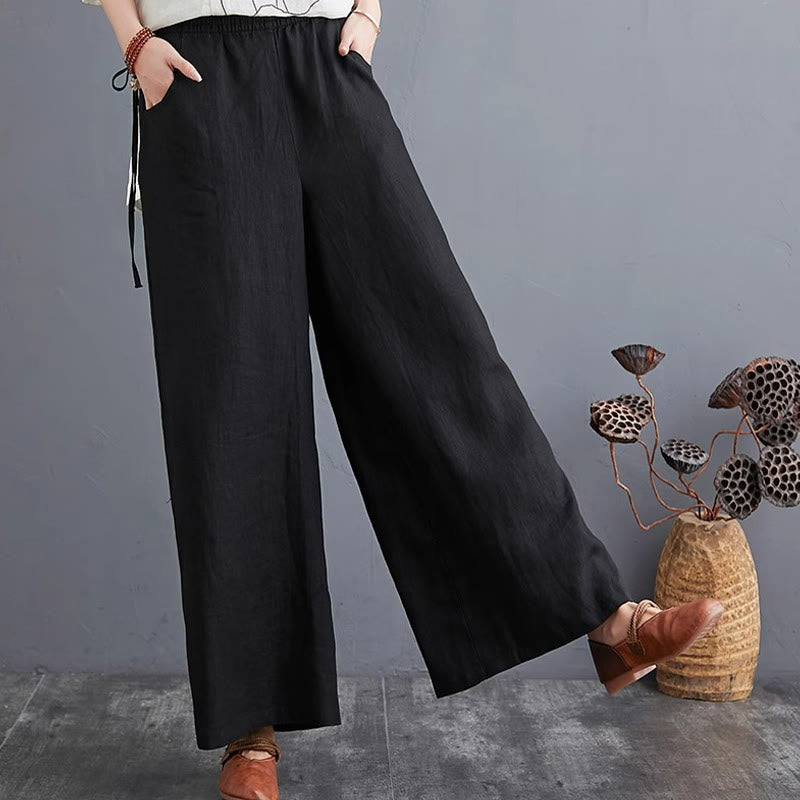 Buddha Stones Pure Simple Design High Waist Baumwollleinen Weite Beinhose für Damen mit Taschen