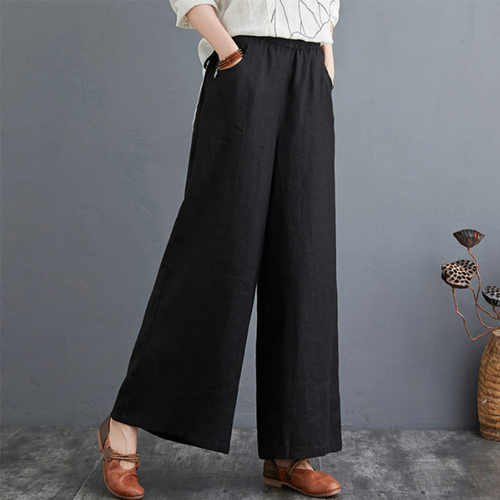 Buddha Stones Pure Simple Design High Waist Baumwollleinen Weite Beinhose für Damen mit Taschen