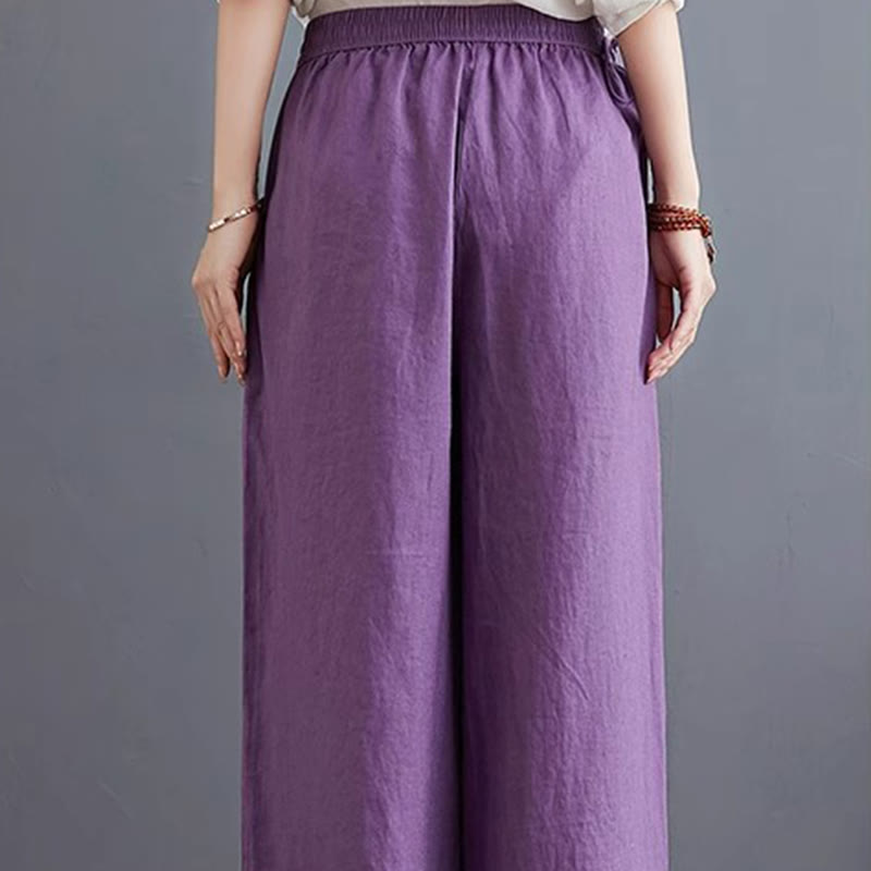 Buddha Stones Pure Simple Design High Waist Baumwollleinen Weite Beinhose für Damen mit Taschen