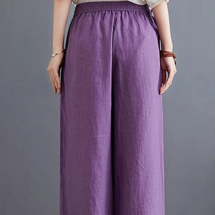 Buddha Stones Pure Simple Design High Waist Baumwollleinen Weite Beinhose für Damen mit Taschen