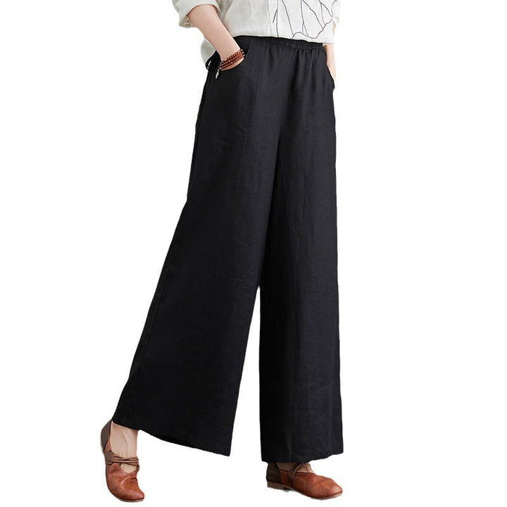 Buddha Stones Pure Simple Design High Waist Baumwollleinen Weite Beinhose für Damen mit Taschen