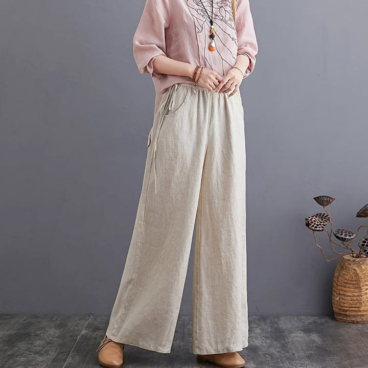 Buddha Stones Pure Simple Design High Waist Baumwollleinen Weite Beinhose für Damen mit Taschen