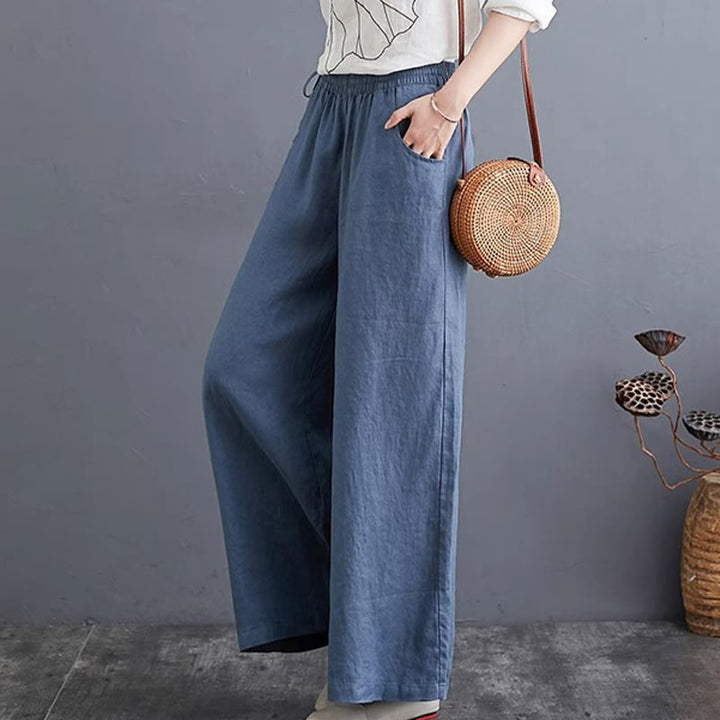 Buddha Stones Pure Simple Design High Waist Baumwollleinen Weite Beinhose für Damen mit Taschen