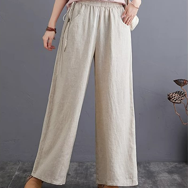 Buddha Stones Pure Simple Design High Waist Baumwollleinen Weite Beinhose für Damen mit Taschen