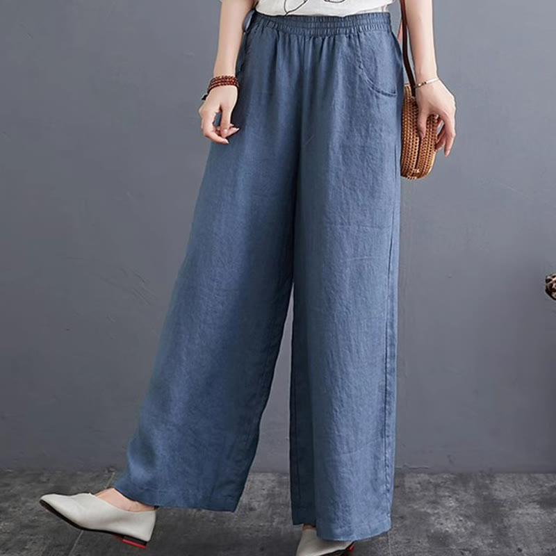 Buddha Stones Pure Simple Design High Waist Baumwollleinen Weite Beinhose für Damen mit Taschen