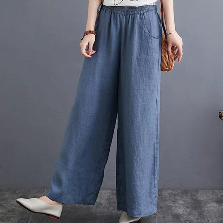 Buddha Stones Pure Simple Design High Waist Baumwollleinen Weite Beinhose für Damen mit Taschen