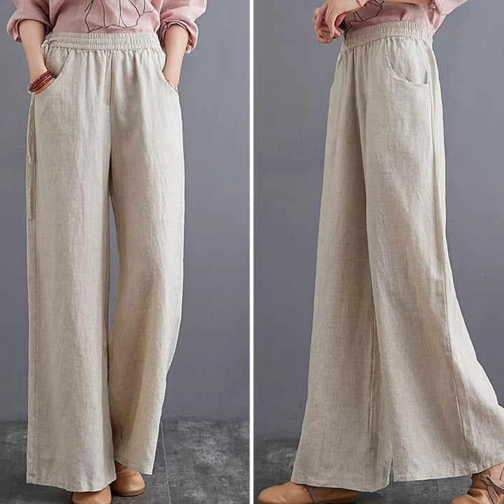 Buddha Stones Pure Simple Design High Waist Baumwollleinen Weite Beinhose für Damen mit Taschen