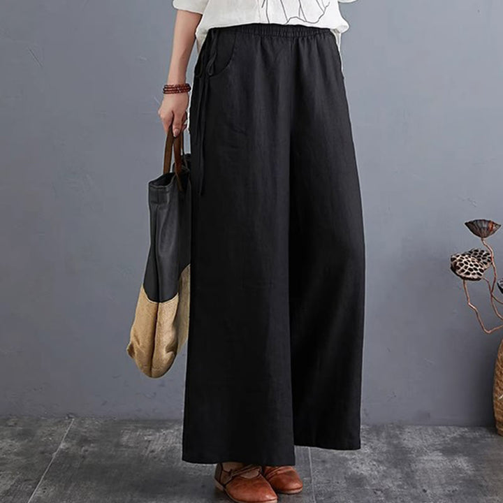 Buddha Stones Pure Simple Design High Waist Baumwollleinen Weite Beinhose für Damen mit Taschen