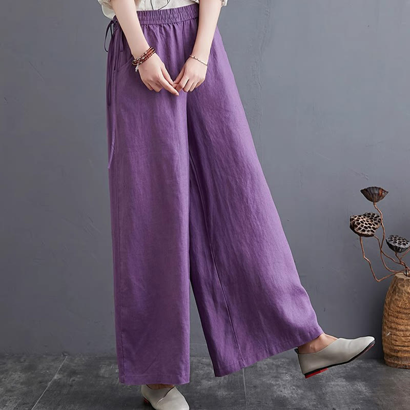 Buddha Stones Pure Simple Design High Waist Baumwollleinen Weite Beinhose für Damen mit Taschen