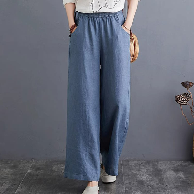 Buddha Stones Pure Simple Design High Waist Baumwollleinen Weite Beinhose für Damen mit Taschen