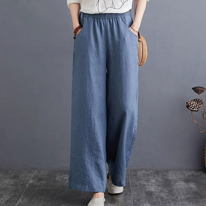 Buddha Stones Pure Simple Design High Waist Baumwollleinen Weite Beinhose für Damen mit Taschen