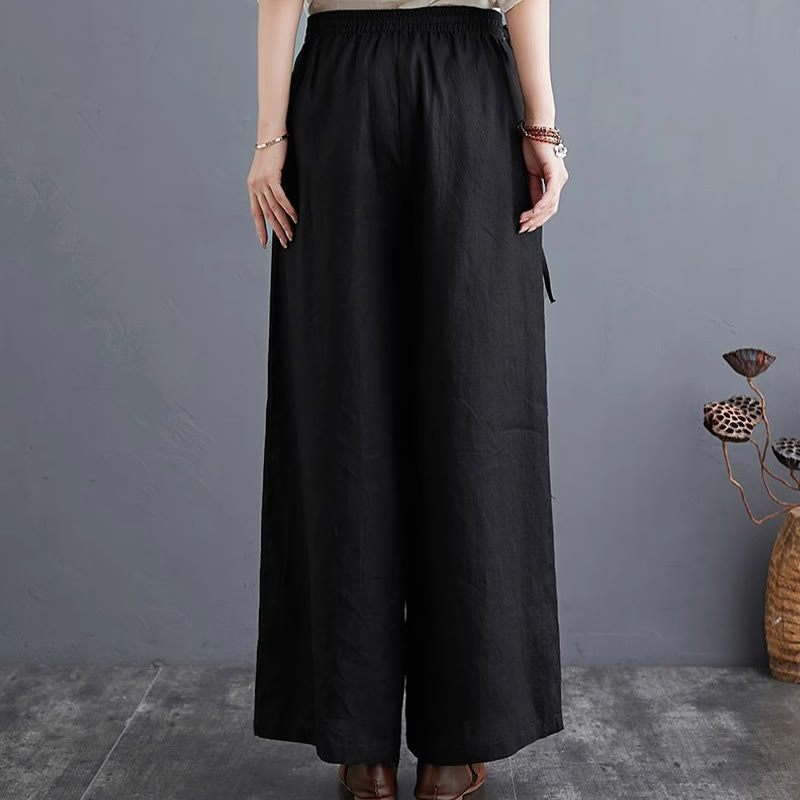 Buddha Stones Pure Simple Design High Waist Baumwollleinen Weite Beinhose für Damen mit Taschen