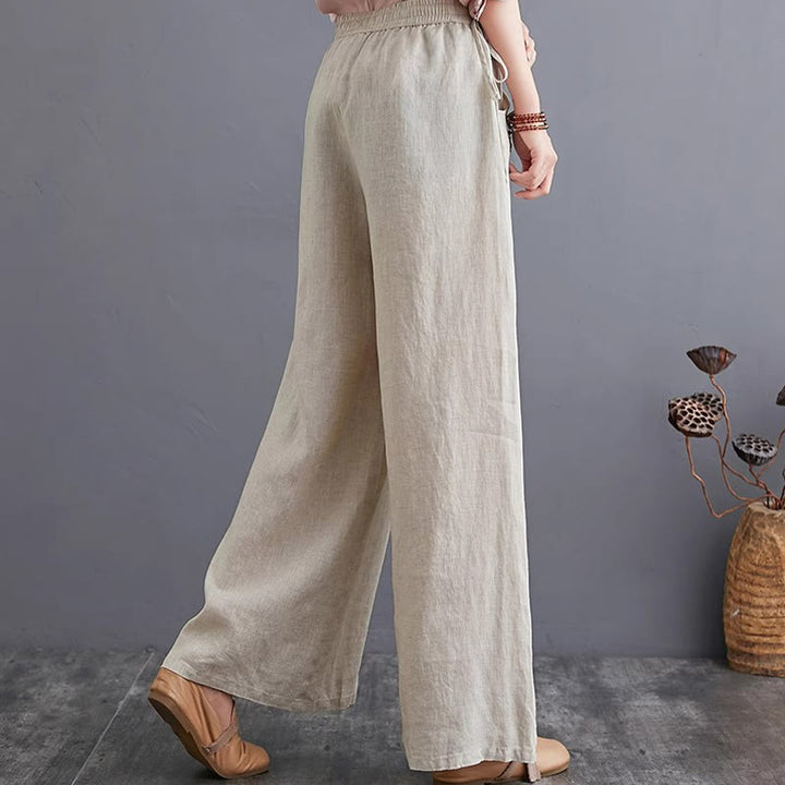 Buddha Stones Pure Simple Design High Waist Baumwollleinen Weite Beinhose für Damen mit Taschen