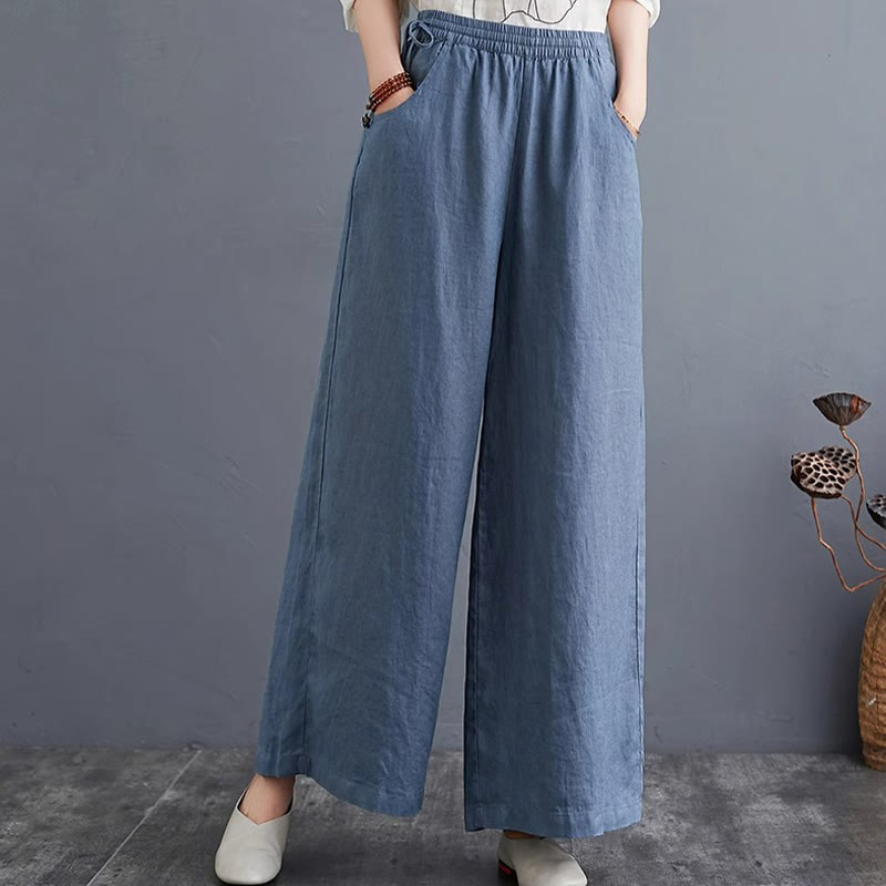 Buddha Stones Pure Simple Design High Waist Baumwollleinen Weite Beinhose für Damen mit Taschen