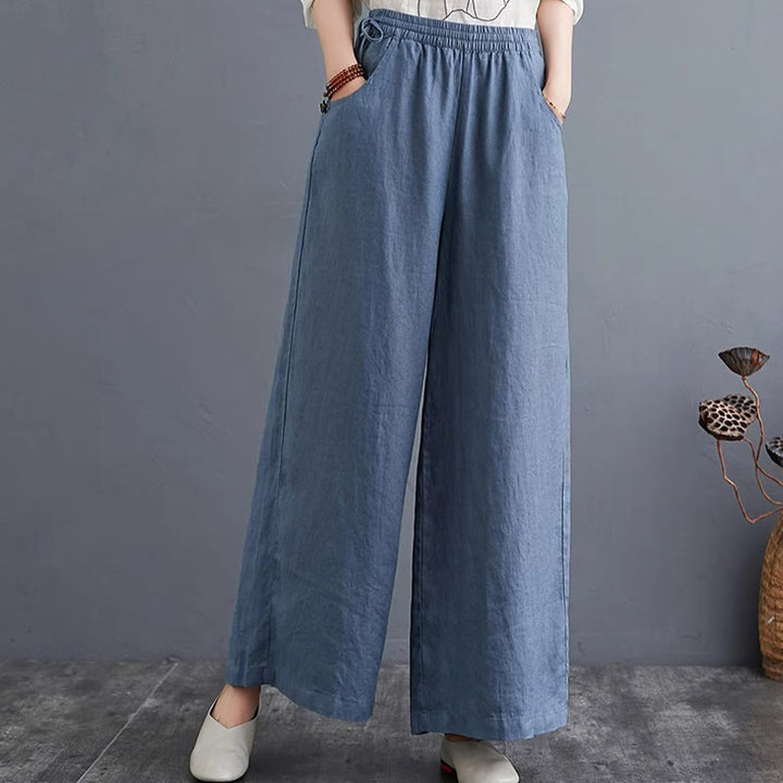 Buddha Stones Pure Simple Design High Waist Baumwollleinen Weite Beinhose für Damen mit Taschen