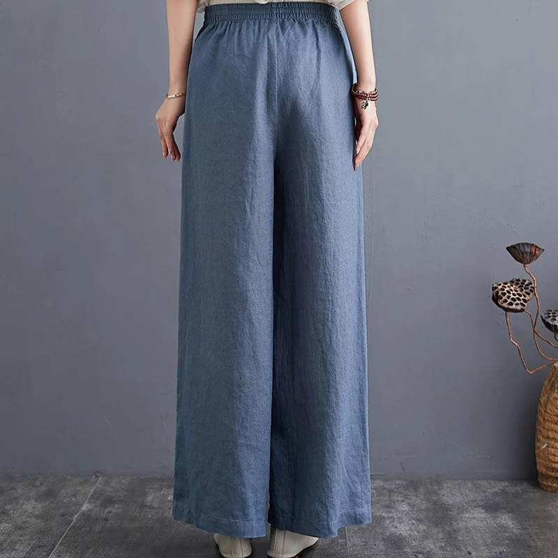 Buddha Stones Pure Simple Design High Waist Baumwollleinen Weite Beinhose für Damen mit Taschen