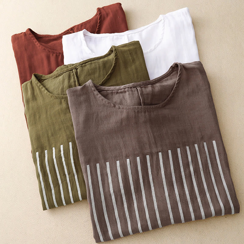 Lässiges Damen-T-Shirt aus Baumwolle und Leinen mit Buddha Stones und Liniendruckmuster - image 23