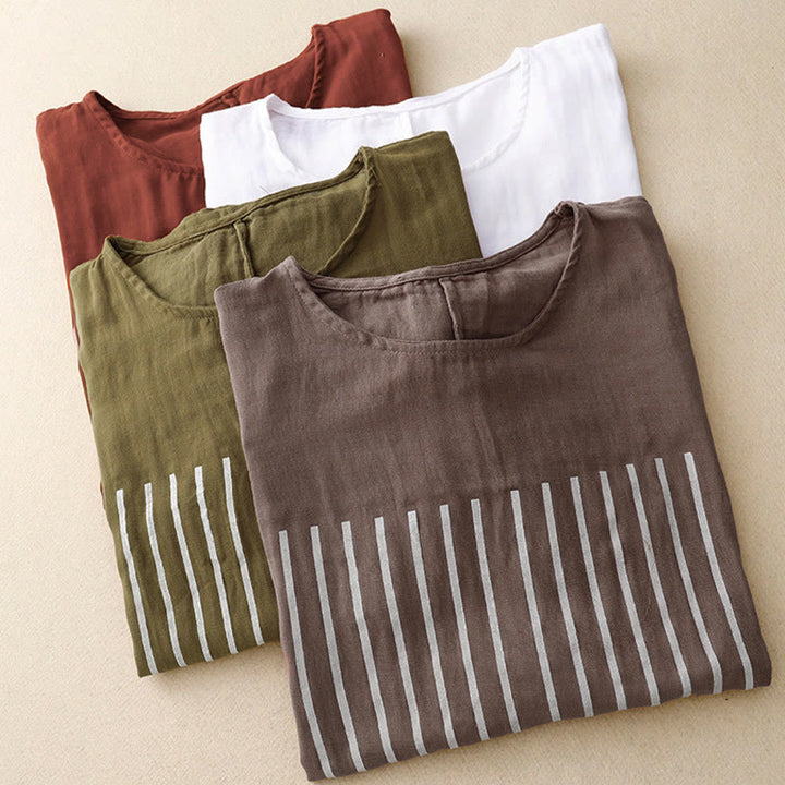 Lässiges Damen-T-Shirt aus Baumwolle und Leinen mit Buddha Stones und Liniendruckmuster - image 23